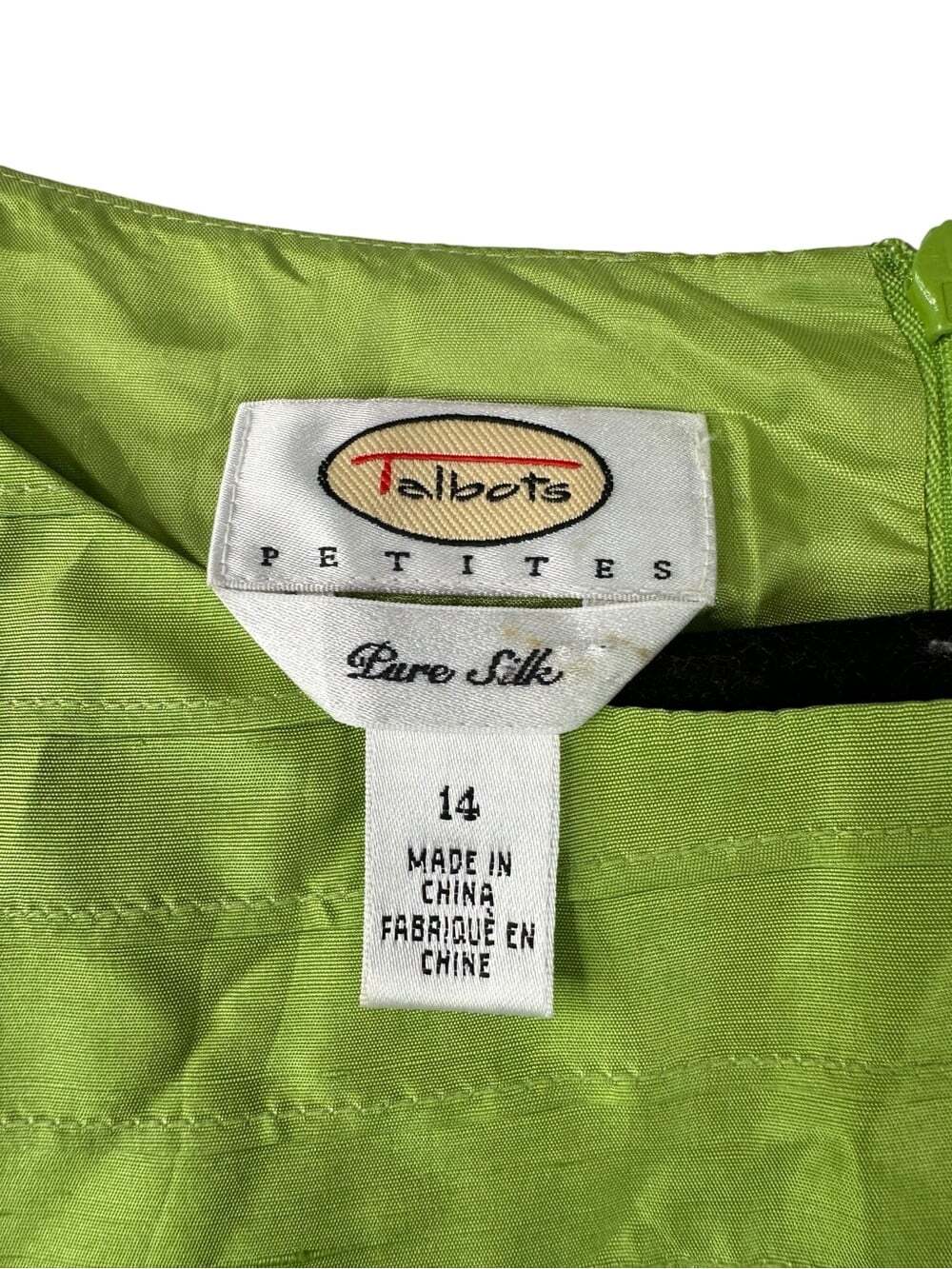 Talbots 100% Silk Sheath Dress 14P Chartreuse Green Bow Waist Petite Cocktail - Picture 15 of 16